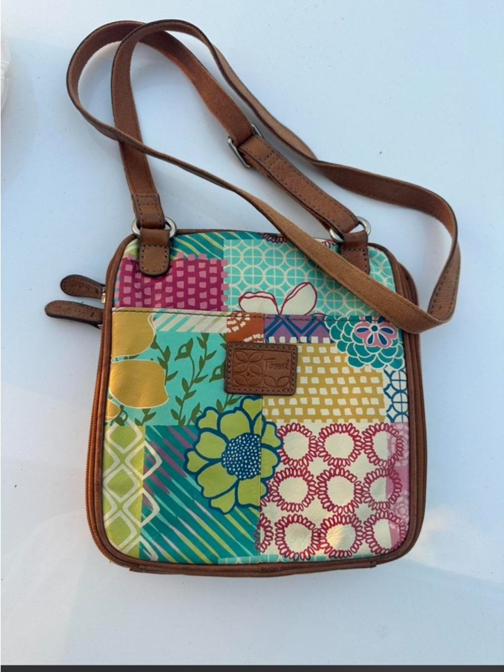 Fossil Multicolor Patchwork Crossbody with Brown Trim